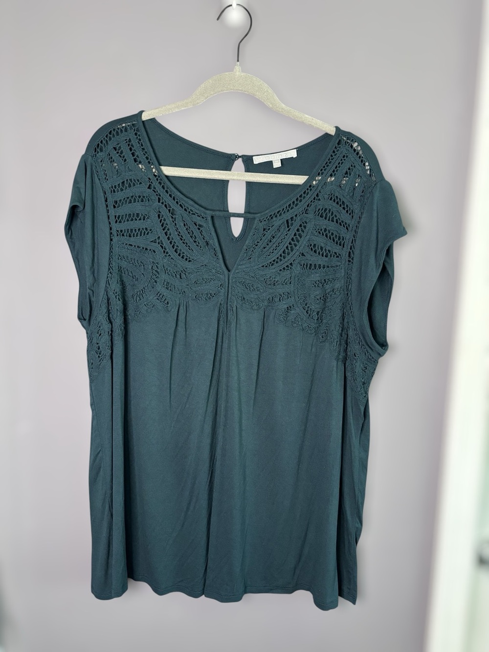 Daniel Rainn Green Crochet Cutout Top Size 2X Short Sleeve